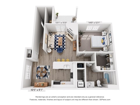 A 3D floor plan of a small apartment with a kitchen, living room, and bathroom.